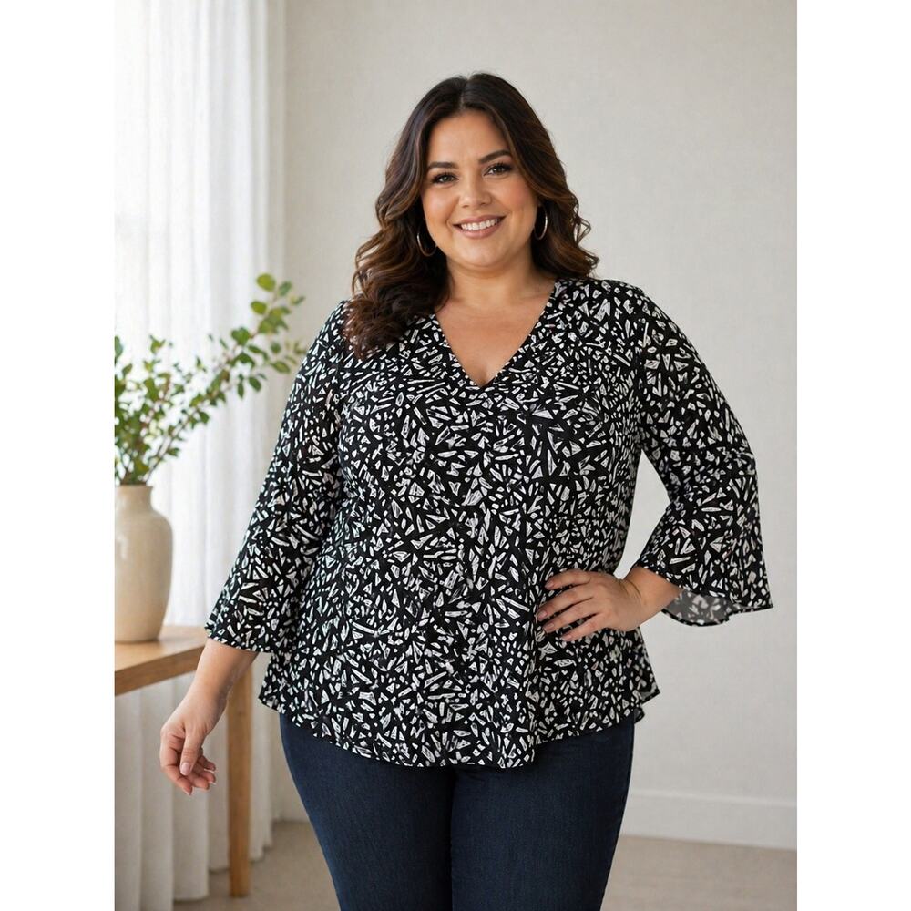 Calessa Blouse Tunic Plus SIZE 3X Black White Boho‎ Relaxed Casual Minimalist